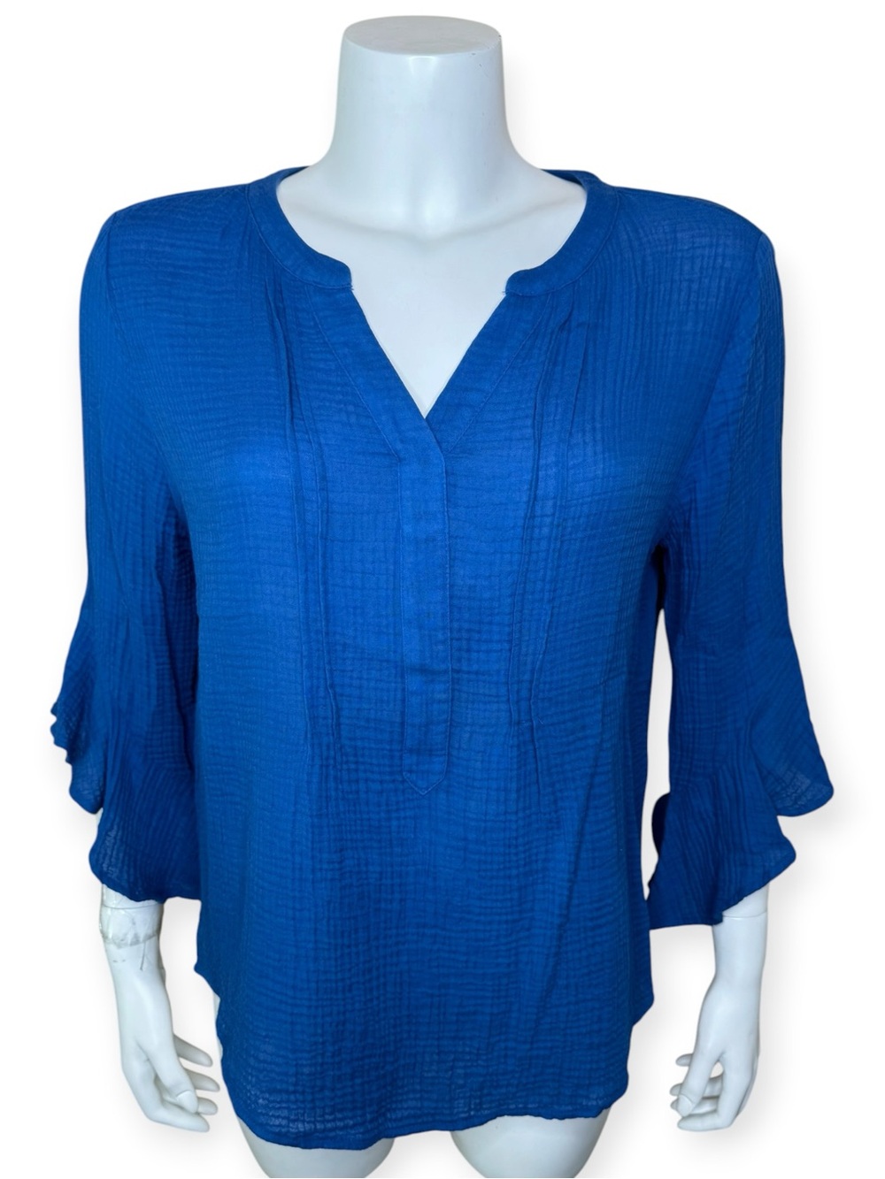 Chico’s Cotton Gauze Split Neck Top Blouse Size 1 Medium Ruffle Flounce Sleeve